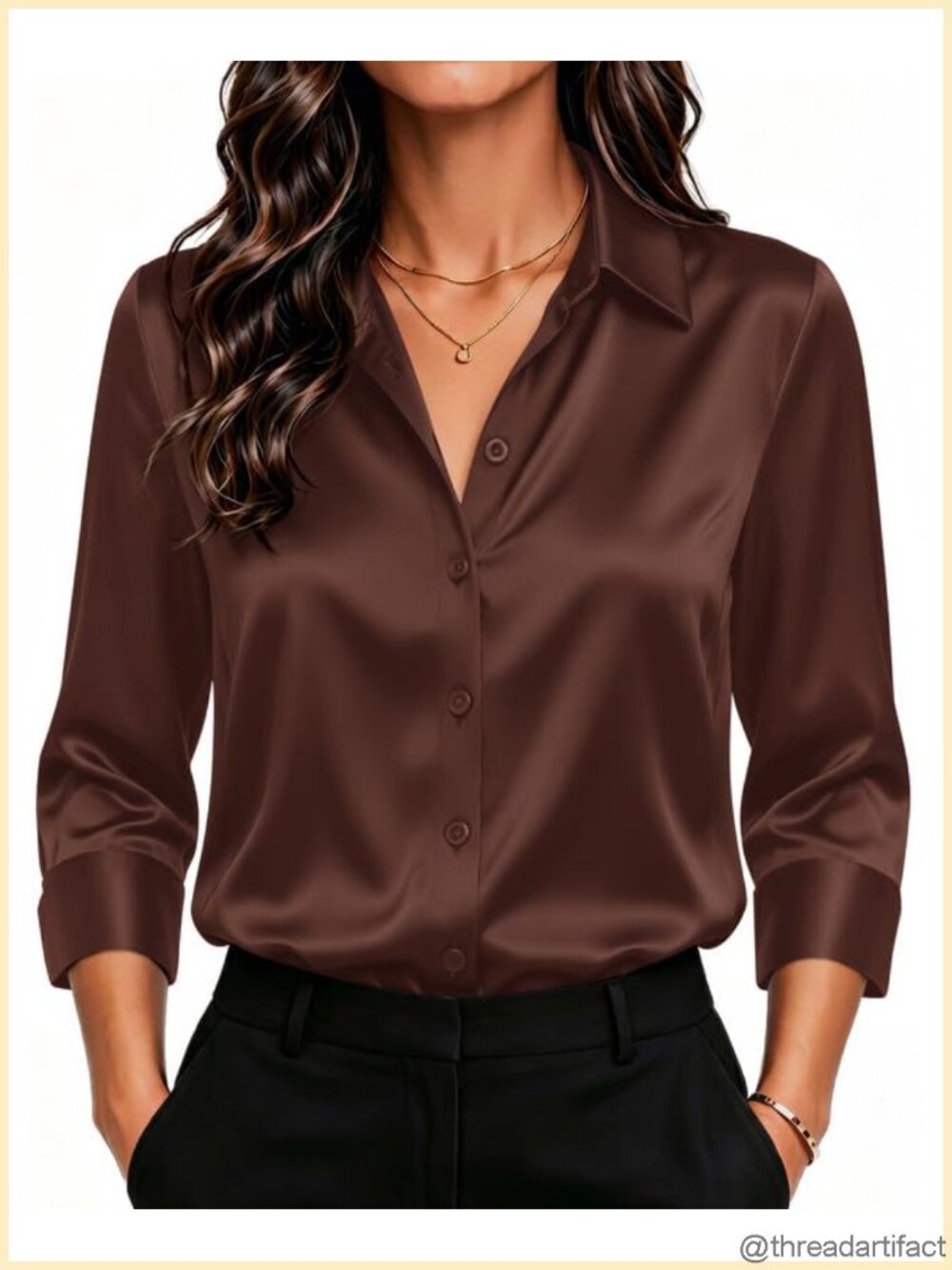 Womens Satin Blouse Button Down Shirt 3/4 Sleeve Dressy Work Top